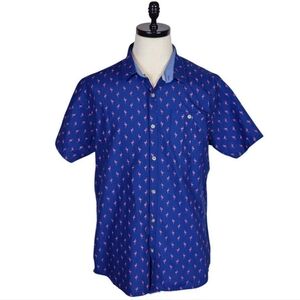 Free Planet Flamingo Print Shirt Navy Pink XL Short Sleeve Button Down